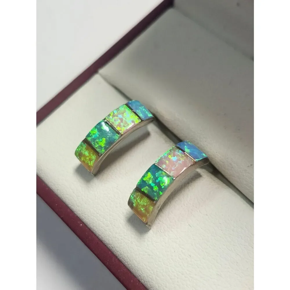 Sterling Silver 925 Opal Inlay Half Hoop Earrings Multi